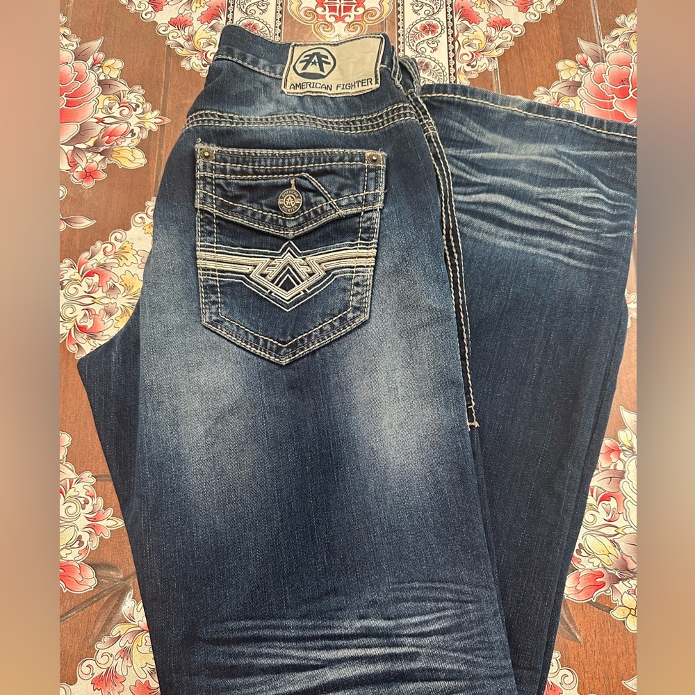 Men’s American Fighter Blue Boot Cut Jeans with Decorative Stitching